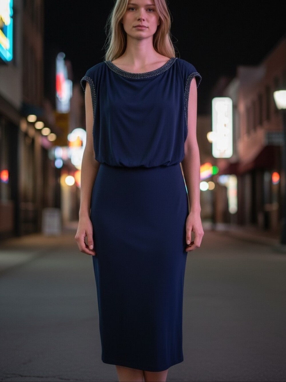 NWT $130 Chaya Chic Navy Beaded-Edge Bloussen Midi Dress - Women Sz 8
